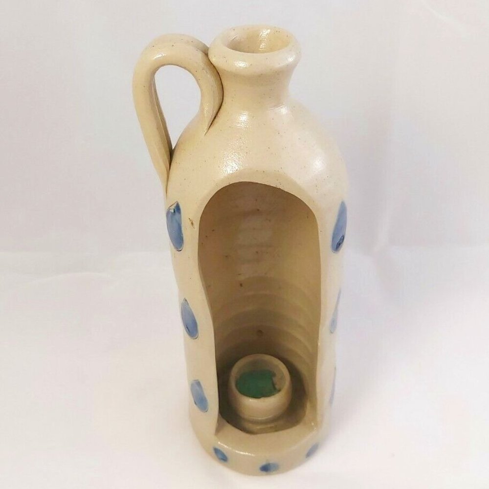 Vtg Pottery Salt Glaze Blue Candle Jug/Hurricane Lamp 8.5" country cottage core
